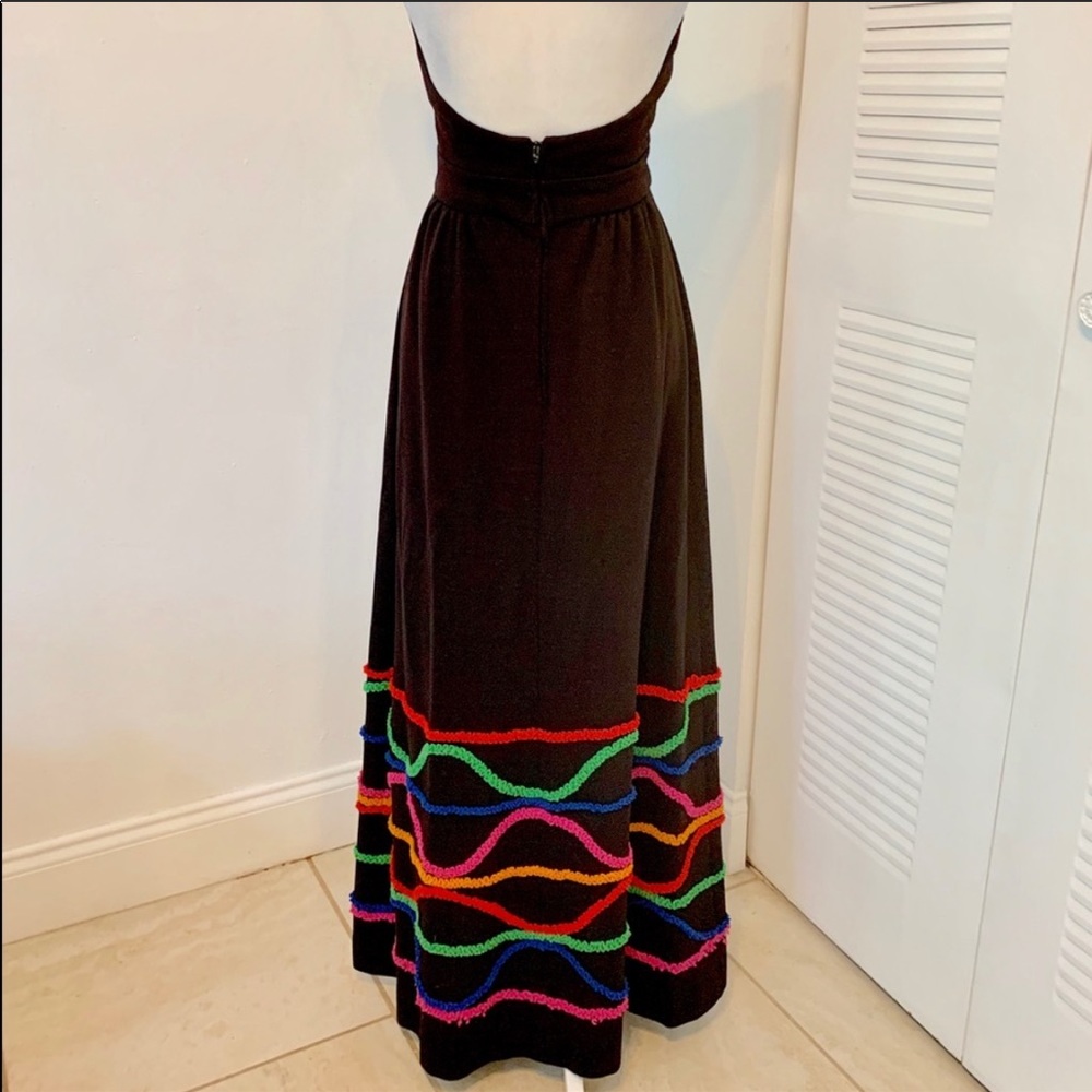 Vintage 70s Halter Neck Black Maxi Dress with Multicolored Striped Ruffled Trim - Picture 7 of 9